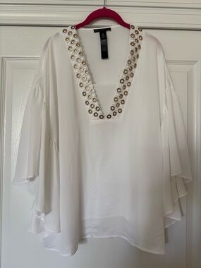 Black Label White V-Neck Tunic with Gold Grommet Trim